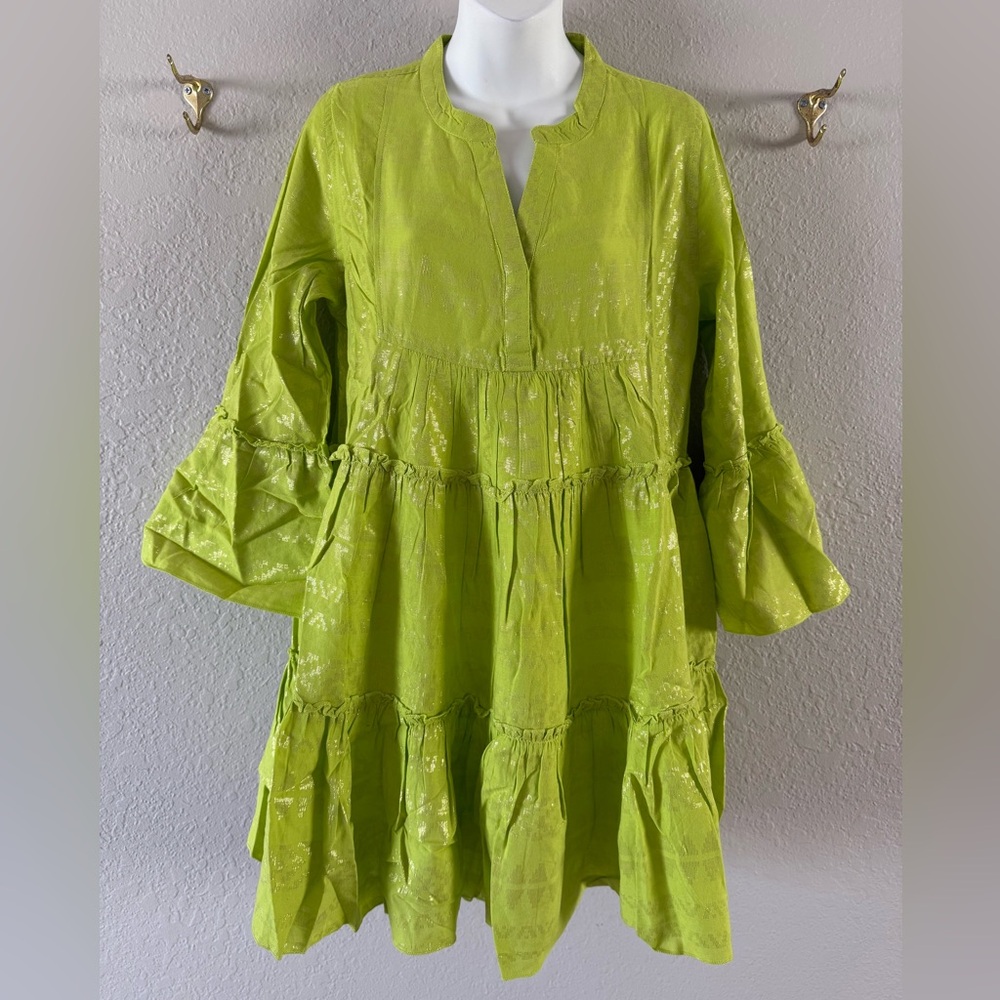 NWT Elan Lime Gold 3/4 Bell Sleeve Mini Dress Size S Tiered Pockets A-line India